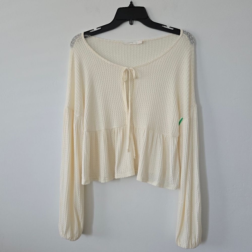 Lush Waffle Knit Ruched Peplum Long Sleeve Top